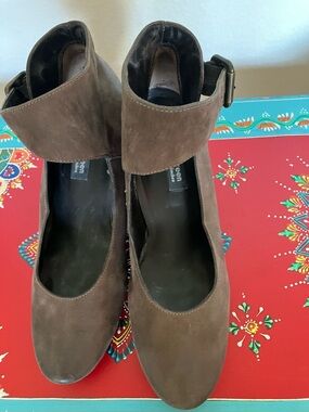 Paul Green Brown Taupe Brushed Leather Adjustable Ankle-Strap Heels US9